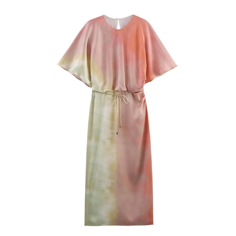 Satin Tie-Dye Verlauf Midi Kleid Für Damen Elegant Schmetterlingsärmel Rundhals Sommer Mode Party Langes Kleid Mit Gürtel