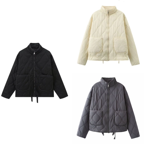 Giacca Trapuntata Casual da Donna Tinta Unita Collo in Piedi Cerniera Grandi Tasche Cappotto a Maniche Lunghe Autunno Inverno