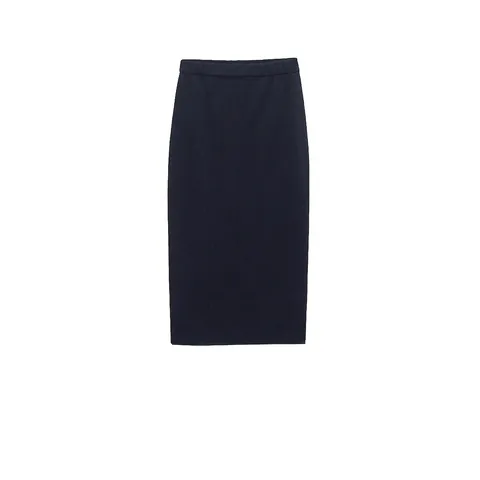 Damen Elegant Marineblau Strick Midirock Hohe Taille Vorderer Schlitz Elastische Taille Einfarbig Lässig Büro Rock