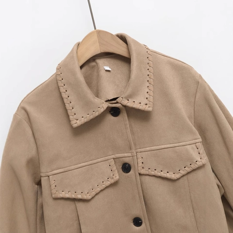 Damen Wildlederimitat Jacke Mit Handgewebten Nähten Einreihig Umlegekragen Kurzmantel Vintage Lässig Outwear Mit Taschen