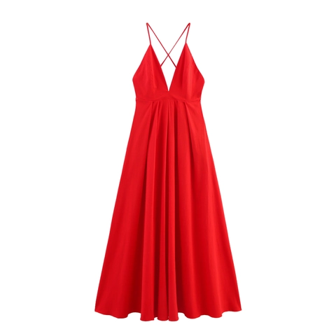 Dames Halterneck Diepe V-Hals Rugloos Maxi Jurk Geplooid Polyester Hoge Taille Vetersluiting Streetwear Zomer Vakantie Feest Rode Jurk