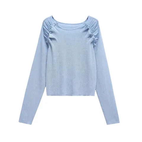 Women Slim Fit Mercerized Cotton Knit Top Long Sleeve Round Neck Ribbed Pullover Shoulder Pleats Decorative Buttons Sweater