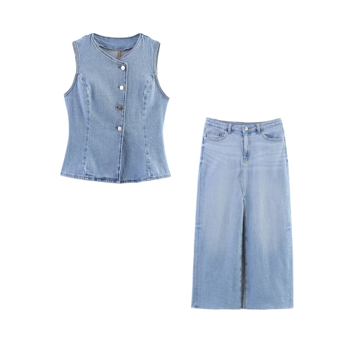 Conjunto de Verano de Mezclilla para Mujer con Chaleco y Falda Midi con Abertura Top y Falda Casual Azul Lavado Claro