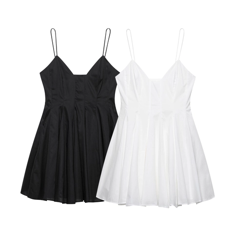 Vestido Mini Sexy de Tirantes Finos con Cuello en V para Mujer Elegante de Verano Color Sólido Línea A Plisado Vestido Corto Casual Playero