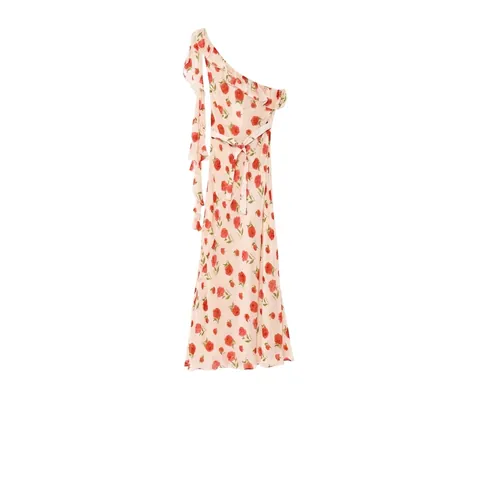 Damen Elegant One-Shoulder Rosen Floral Maxi-Kleid Mit Rüschen Und Taillenschnürung Chiffon Ärmellos Asymmetrisch Lang Kleid
