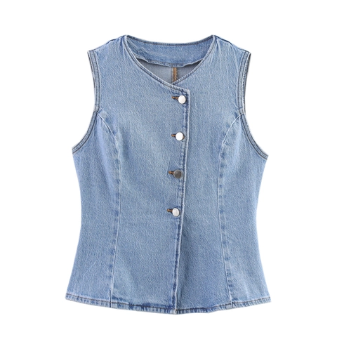 Conjunto de Verano de Mezclilla para Mujer con Chaleco y Falda Midi con Abertura Top y Falda Casual Azul Lavado Claro