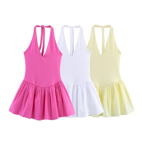 Vestido Corto Plisado con Cuello en V y Espalda Descubierta para Mujer Informal de Verano Sin Mangas de Color Sólido Línea A para Playa