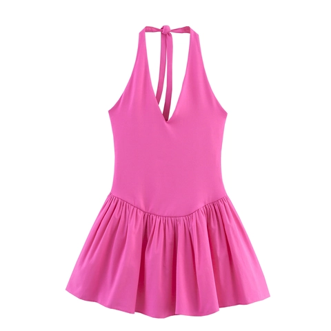 Vestido Corto Plisado con Cuello en V y Espalda Descubierta para Mujer Informal de Verano Sin Mangas de Color Sólido Línea A para Playa
