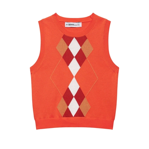 Gilet en Tricot Retro Argyle pour Femmes Style Preppy Col Rond Pull Sans Manches Orange Rouge Motif Géométrique Haut en Tricot