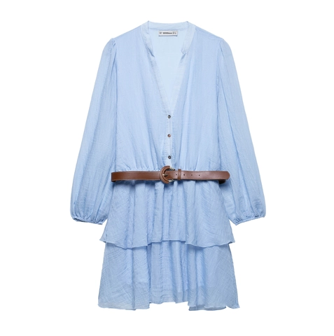 Damen V-Ausschnitt Langarm Midi-Stufenkleid Mit Gürtel Elegant Himmelblau Texturiert A-Linie Tortenrock Lässiges Sommerkleid