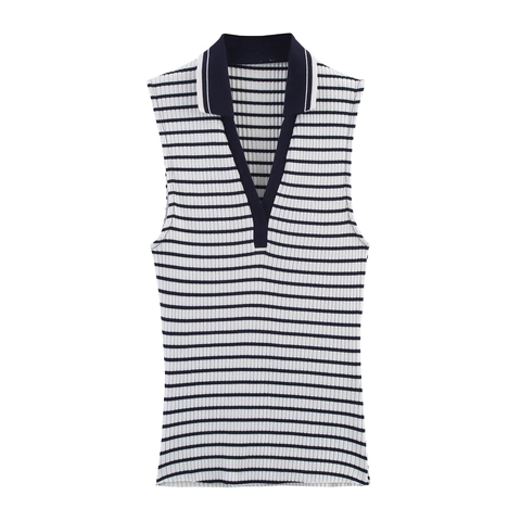 Women Ribbed Knit Sleeveless Polo Shirt V Neck Contrast Trim Slim Fit Tank Top Solid Striped Summer Casual Vest Top