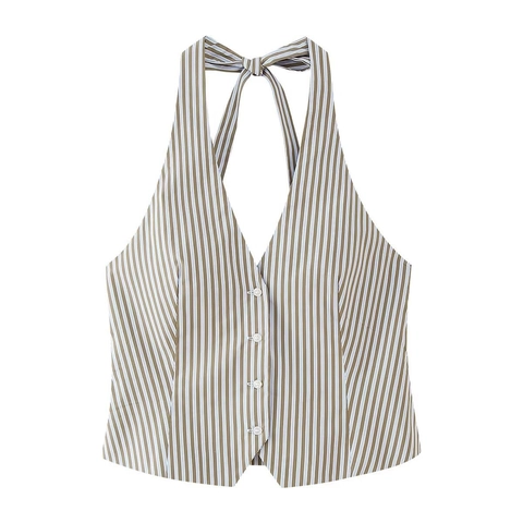Women's Striped Halter Neck V-Neck Button Vest Top and Straight Leg Pants Casual Summer Outfits Holiday Clothing