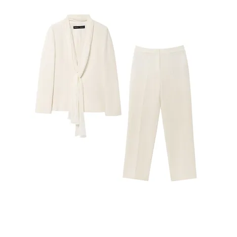 Dames Elegant Kantoor Blazer En Broek Set Gebroken Wit Revers Lange Mouw Tweedelig Zakelijk Pak Voor Werk Woonwerkverkeer