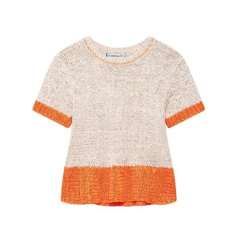 Women Casual Contrast Trim Short Sleeve Knit Top Round Neck Hollow Crochet Sweater Pullover Summer Beach Streetwear