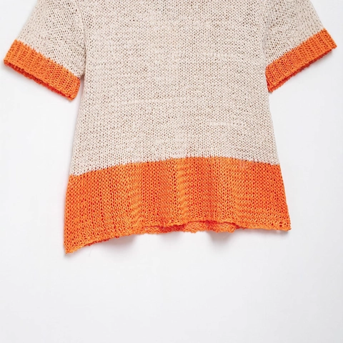 Women Casual Contrast Trim Short Sleeve Knit Top Round Neck Hollow Crochet Sweater Pullover Summer Beach Streetwear