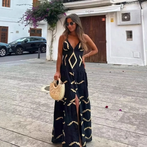 Vestido Maxi de Mujer Con Cuello en V y Espalda al Aire Estampado Geométrico Halter Vestido de Playa de Verano Con Anello de Metal y Abertura Alta