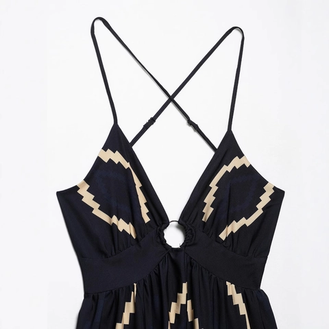 Vestido Maxi de Mujer Con Cuello en V y Espalda al Aire Estampado Geométrico Halter Vestido de Playa de Verano Con Anello de Metal y Abertura Alta