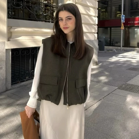 Women Casual Olive Green Woolen Vest Jacket Zipper Sleeveless Waistcoat With Large Pockets Loose Minimalist Solid Color Top
