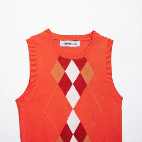Gilet en Tricot Retro Argyle pour Femmes Style Preppy Col Rond Pull Sans Manches Orange Rouge Motif Géométrique Haut en Tricot
