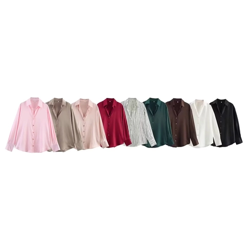 Elegante Camicetta di Raso da Donna a Maniche Lunghe Tinta Unita Camicia con Risvolto e Bottoni in Metallo Texture Setosa Top da Ufficio