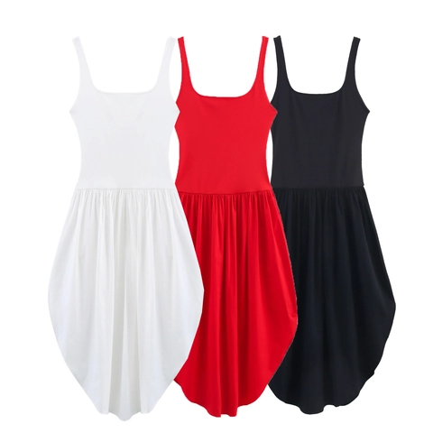 Women Elegant Sleeveless Balloon Hem Splicing Maxi Dress Solid Color Square Neck Pleated Summer Fashion Long Sundress