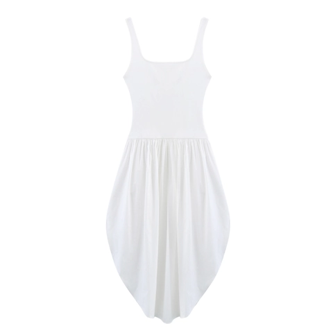 Women Elegant Sleeveless Balloon Hem Splicing Maxi Dress Solid Color Square Neck Pleated Summer Fashion Long Sundress