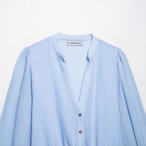 Damen V-Ausschnitt Langarm Midi-Stufenkleid Mit Gürtel Elegant Himmelblau Texturiert A-Linie Tortenrock Lässiges Sommerkleid
