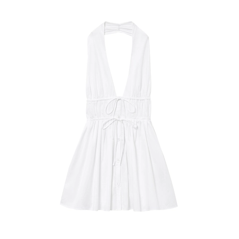 Damen Sexy Rückenfreies Neckholder Kleid Tiefer V-Ausschnitt Kordelzug Taille Plissee Knopf Vorne Midi Kleid Sommerurlaub