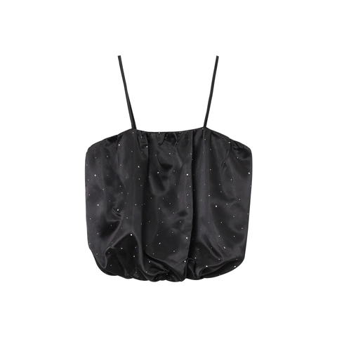 Top a Tubo in Raso con Strass Sexy Spalline Sottili Increspato Crop Top per Donna Elegante Nero Lucido Senza Maniche