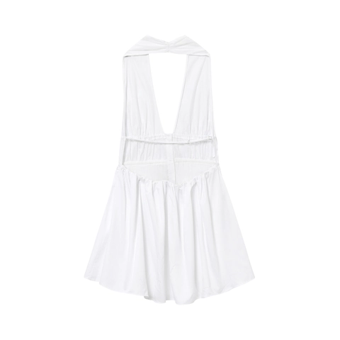 Damen Sexy Rückenfreies Neckholder Kleid Tiefer V-Ausschnitt Kordelzug Taille Plissee Knopf Vorne Midi Kleid Sommerurlaub