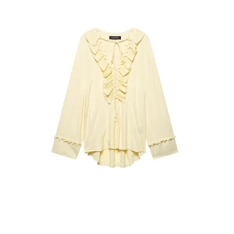 Elegante Damen Bluse Mit V-Ausschnitt Und Rüschen Vintage Hellgelb Bindekragen Plissee Schifferhemd Casual Loose Top