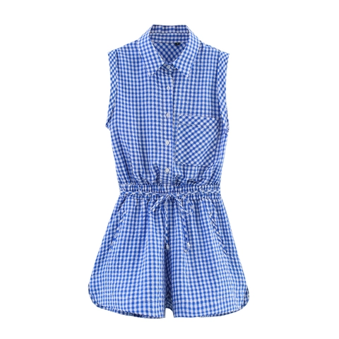 Women Summer Casual Gingham Romper Sleeveless Lapel Button Down Belted Cotton Blend Checkered Short Jumpsuit One Piece