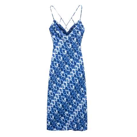 Robe Caraco Femme Col Bénitier Imprimé Géométrique Sans Manches Dos Nu Croisé Coupe Ajustée Robe Midi pour Vacances d'Été