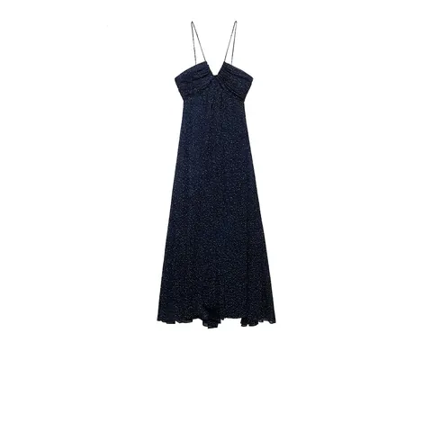 Vestido Largo Maxi para Mujer Verano Lunares Cuello en V Azul Marino Fruncido Tirantes Spaghetti Vestido Largo Vacaciones Casual