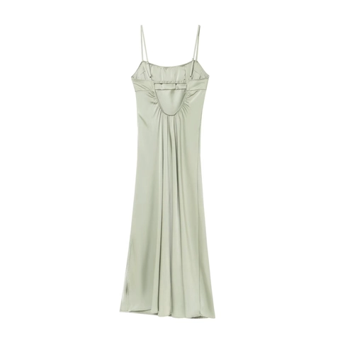 Women's Elegant Sage Green Satin Midi Slip Dress Ruched Bust High Slit Adjustable Spaghetti Strap Vintage Party Dress