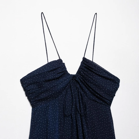 Vestido Largo Maxi para Mujer Verano Lunares Cuello en V Azul Marino Fruncido Tirantes Spaghetti Vestido Largo Vacaciones Casual