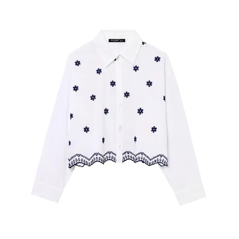 Camisa de Popelina para Mujer Elegante con Bordado Floral Dobladillo Festoneado Manga Larga Monobotonadura Blanca Top