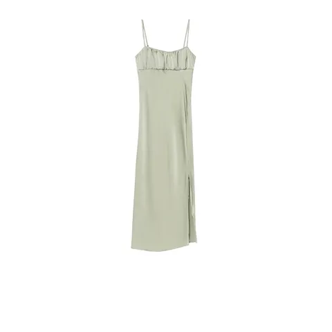 Women's Elegant Sage Green Satin Midi Slip Dress Ruched Bust High Slit Adjustable Spaghetti Strap Vintage Party Dress