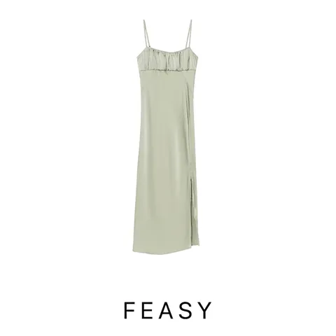 Women's Elegant Sage Green Satin Midi Slip Dress Ruched Bust High Slit Adjustable Spaghetti Strap Vintage Party Dress