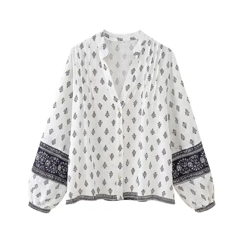 Women French Floral Print Resort Blouse Elegant Long Sleeve V-Neck Button Up Puff Sleeve Pleated Polyester Shirt Top