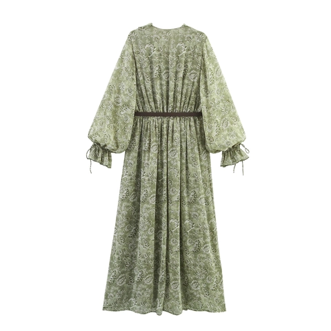 Vestido Largo de Mujer Vintage Floral Cuello en V con Volantes y Cinturón Verde Manga Larga en Capas Bohemio Línea A Verano