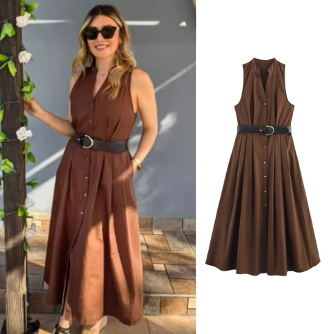 Women Elegant Sleeveless V Neck Button Up Midi Dress With Belt Solid Color A Line Summer Vacation Polyester Poplin Dress