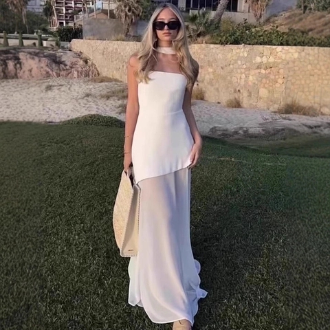 Women Halter Strapless Mesh Patchwork Asymmetrical Hem Maxi Dress Elegant Sexy Backless High Slit Party Evening Vacation Sundress