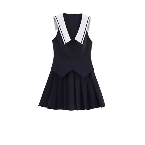 Damen Matrosenkragen Ärmellos Plissee Mini Kleid Preppy-Stil Kontrastfarbe Schleife Rücken A-Linie Kurzes Kleid Streetwear