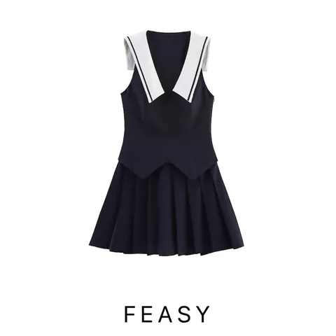 Vestido Mini Plisado sin Mangas con Cuello Marinero para Mujer Estilo Preppy Color en Contraste Lazo en la Espalda Vestido Corto Línea A