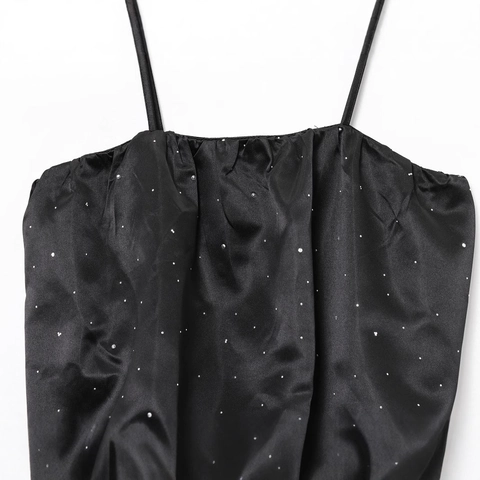 Top a Tubo in Raso con Strass Sexy Spalline Sottili Increspato Crop Top per Donna Elegante Nero Lucido Senza Maniche