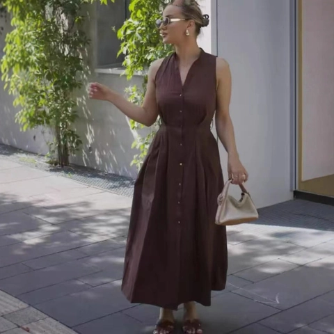 Women Elegant Sleeveless V Neck Button Up Midi Dress With Belt Solid Color A Line Summer Vacation Polyester Poplin Dress