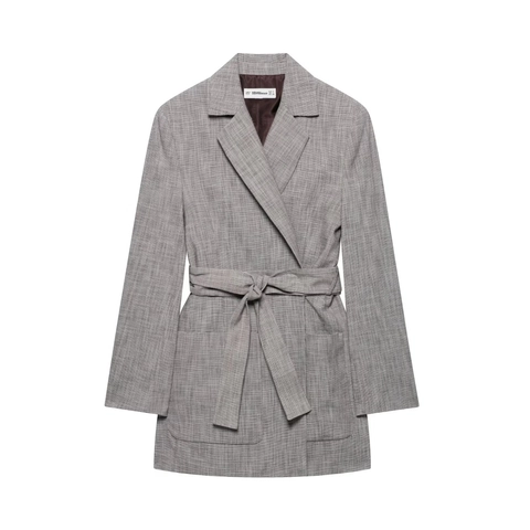 Γυναικείο Καρό Σακάκι Και Σορτς Σετ Γκρι Houndstooth Μακρυμάνικο Μπουφάν Με Ζώνη Κομψά Ρούχα Γραφείου