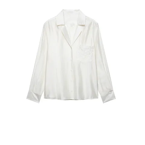Women Elegant Satin Long Sleeve Shirt Embroidered Pocket Loose Button Down Blouse Top For Office Commute Artificial Pearl White