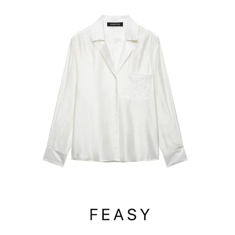 Damen Elegant Satin Langarmhemd Bestickte Tasche Lose Bluse Mit Knöpfen Top Für Büro Pendeln Künstliche Perle Weiß